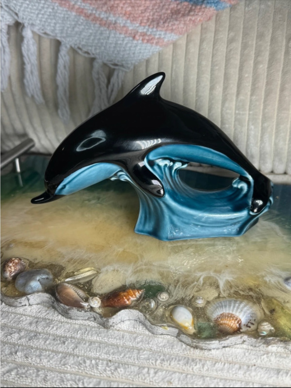 vintage poole pottery dolphin Ceramic Dolphin Figurine in Black and Teal